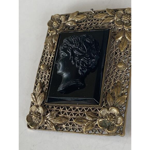 Czecho Black Glass Mourning Cameo Filigree Pin Brooch Pendant Vintage Antique? - Picture 4 of 13